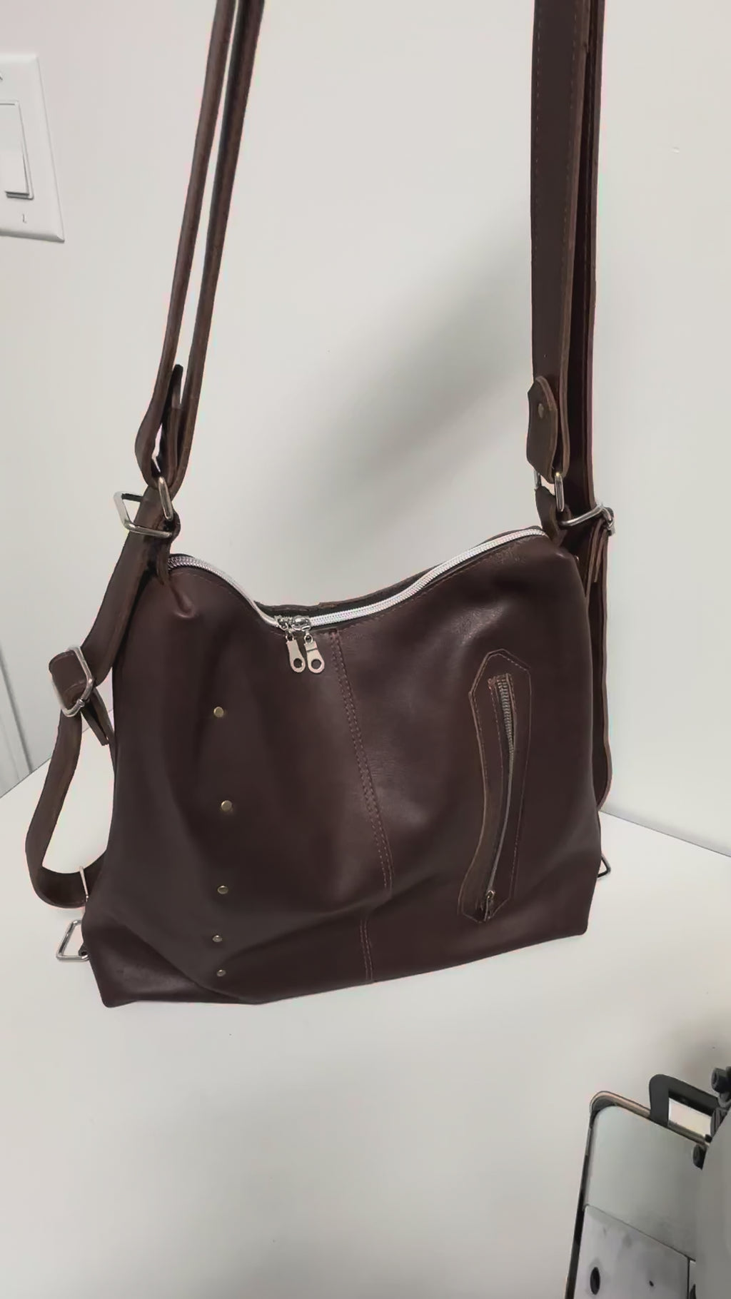 Convertible Leather Backpack & Crossbody Bag – Dark Brown