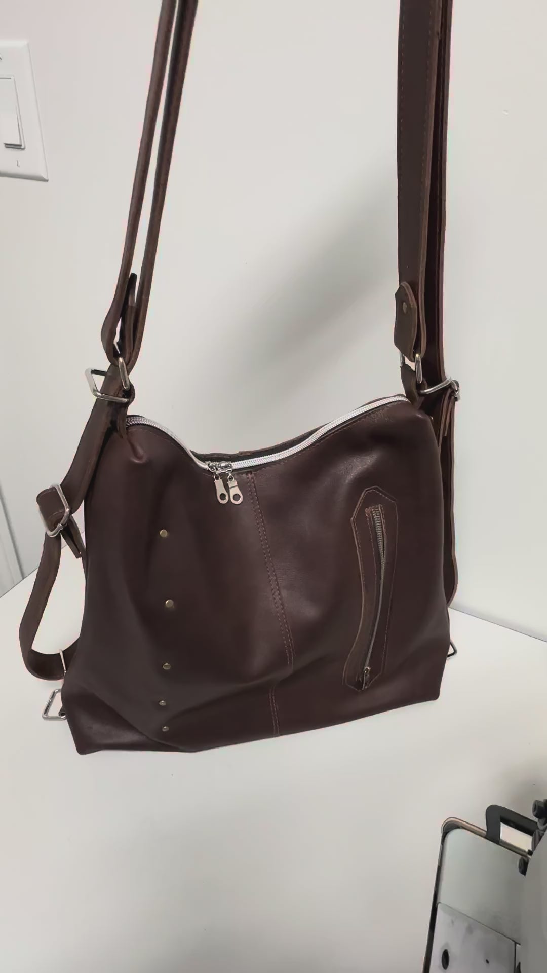 Convertible Leather Backpack & Crossbody Bag – Dark Brown