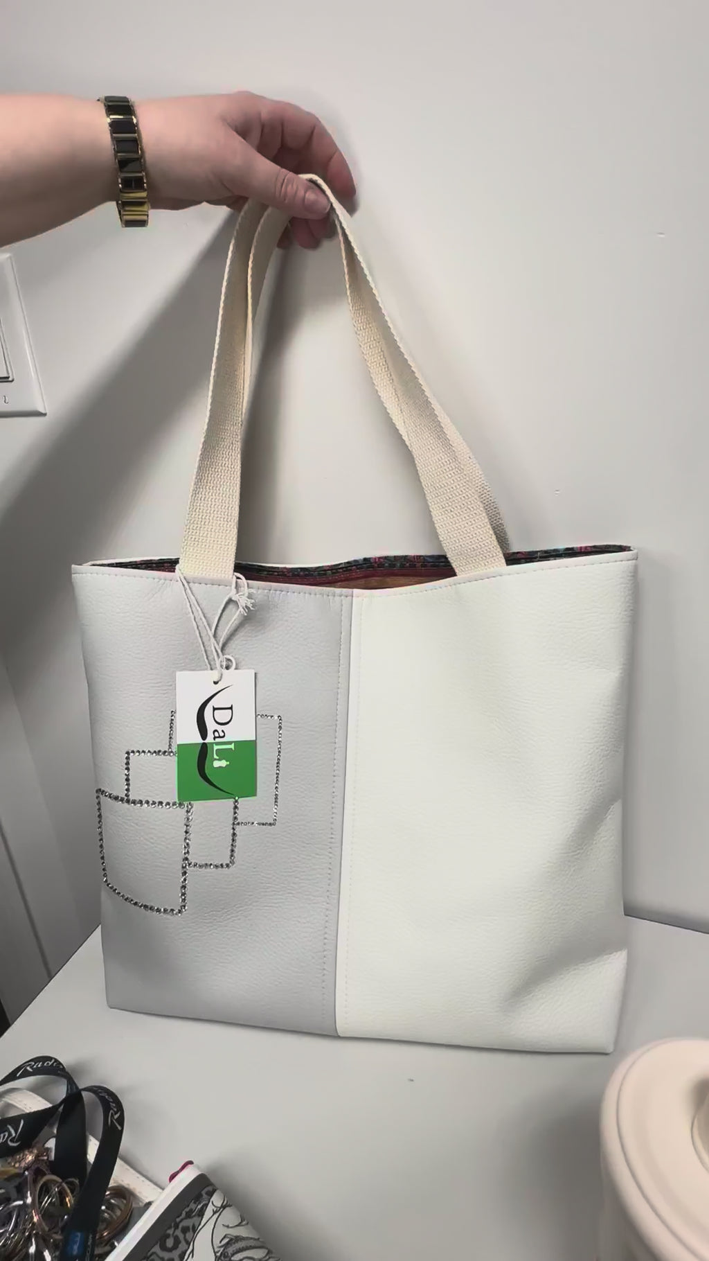 Minimalist White And Grey Tote Bag - Everyday Handmade Faux Leather Carryall