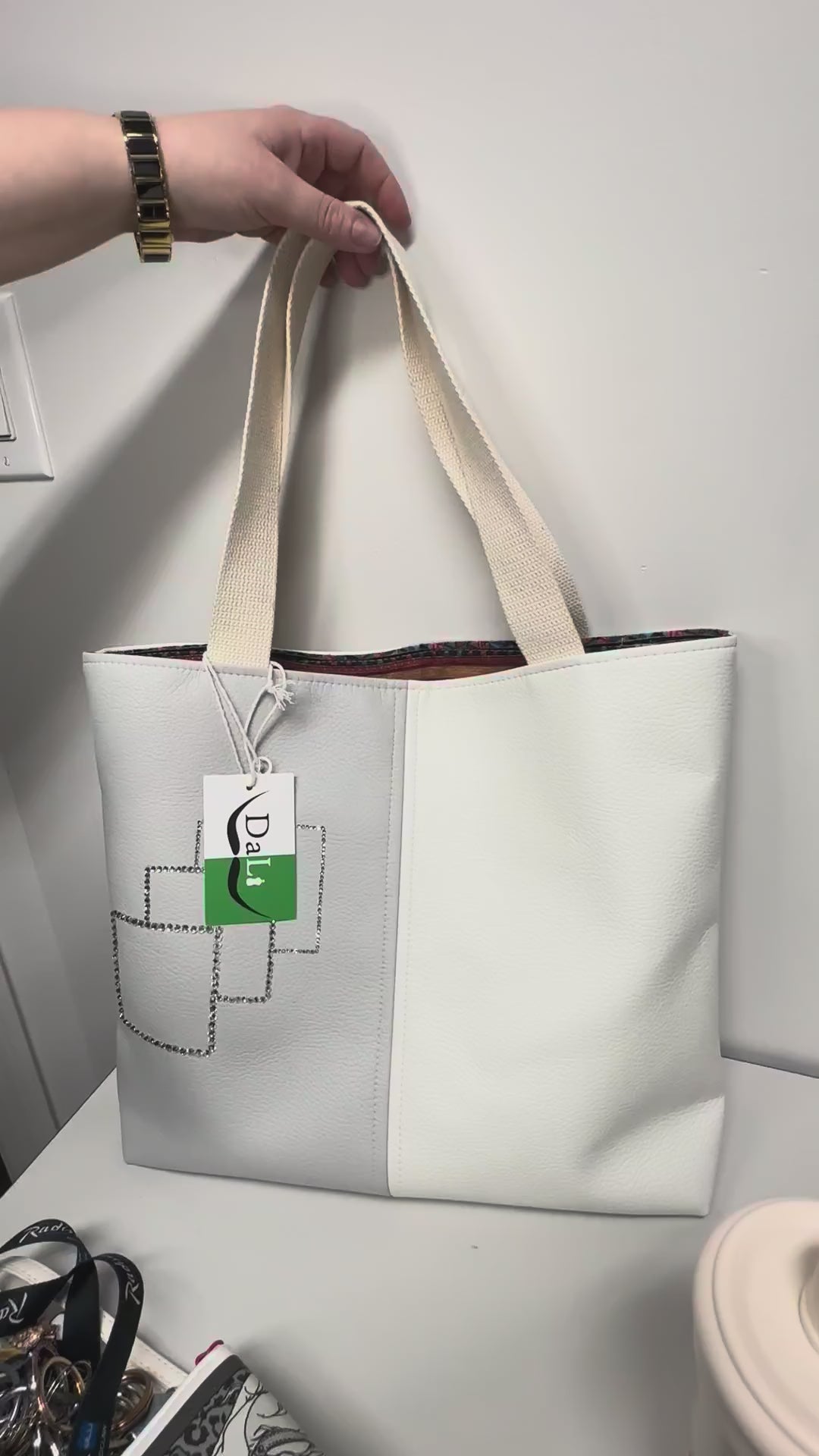 Minimalist White And Grey Tote Bag - Everyday Handmade Faux Leather Carryall