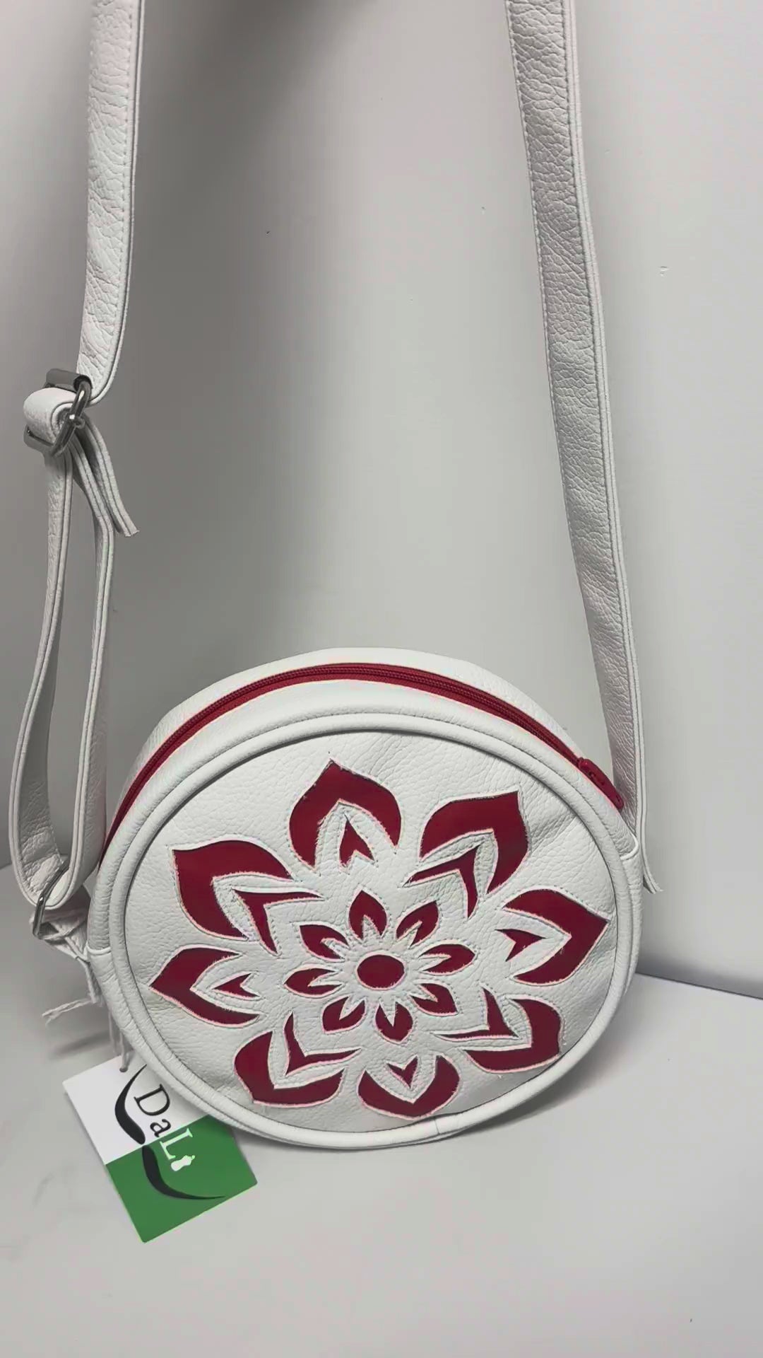Handmade Round Crossbody Bag - White with Red Mandala Design
