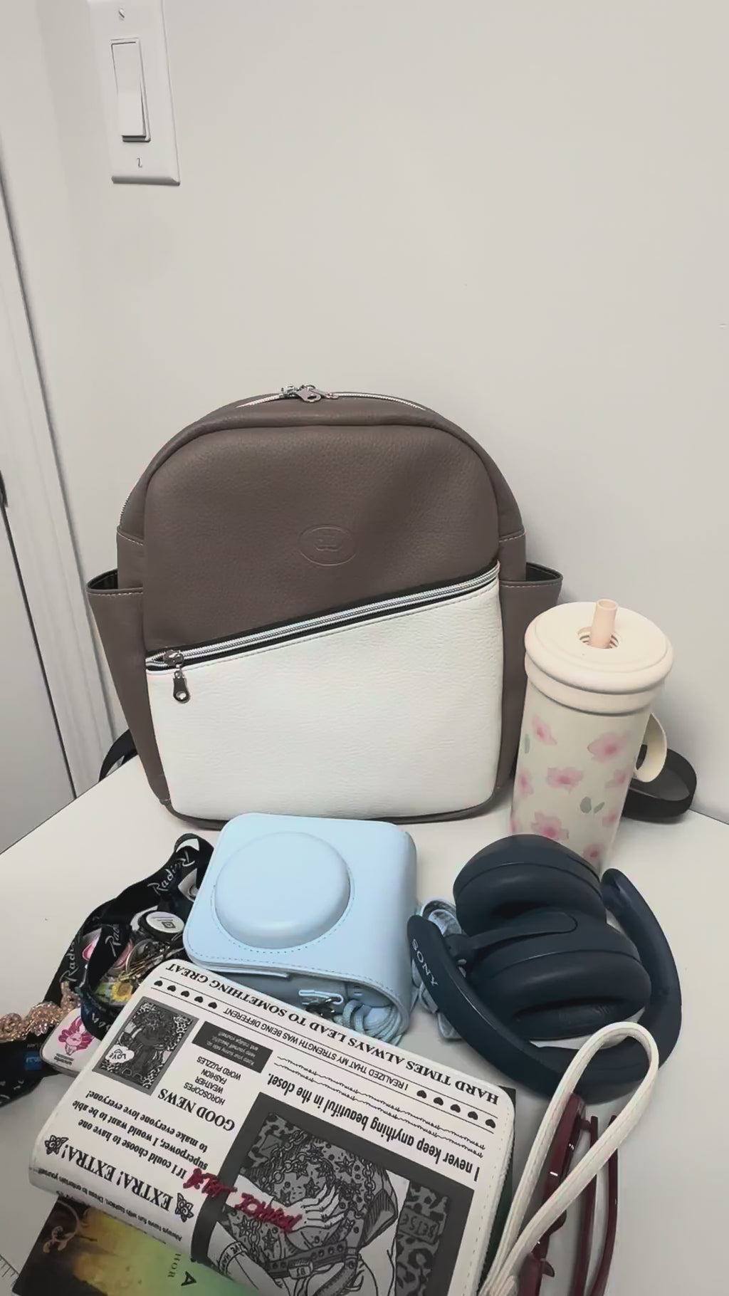 Handmade Faux Leather Backpack – Two-Tone Tan & White Minimalist Backpack with Tablet & Bottle Holder